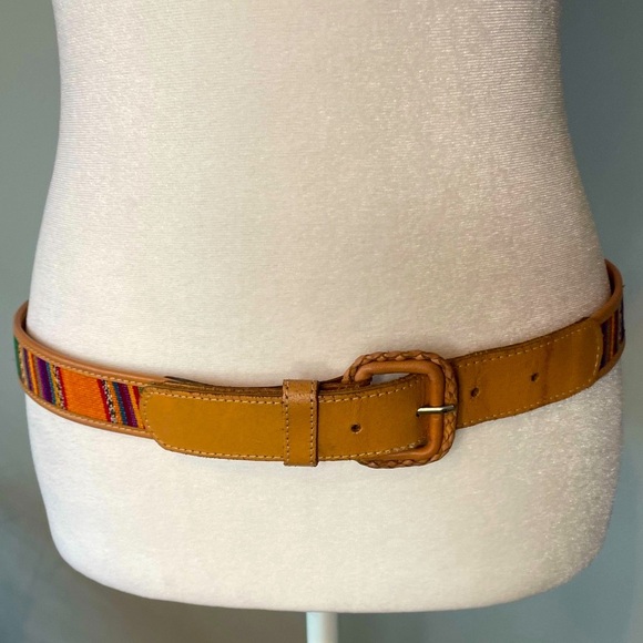 Omega VTG Colorful Cotton Striped and Honey Tan Leather Guatemalan Belt Size L - Picture 1 of 9